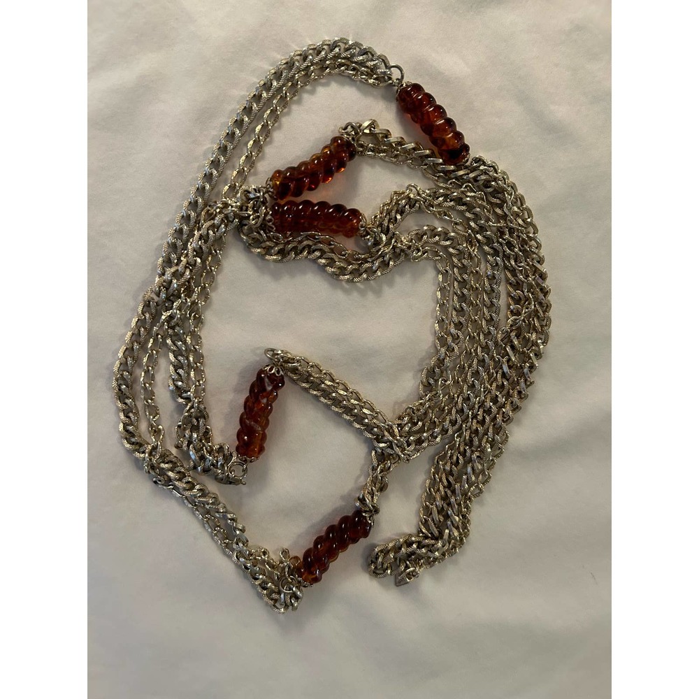 Vintage Sarah Coventry Root Beer Beaded Necklace Long Gold Costume Chain Jewelry